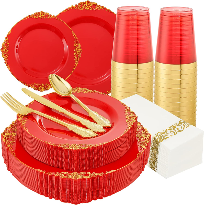 175PCS Plastic Plates Disposable Plates With Gold Rim and Gold Plastic Red