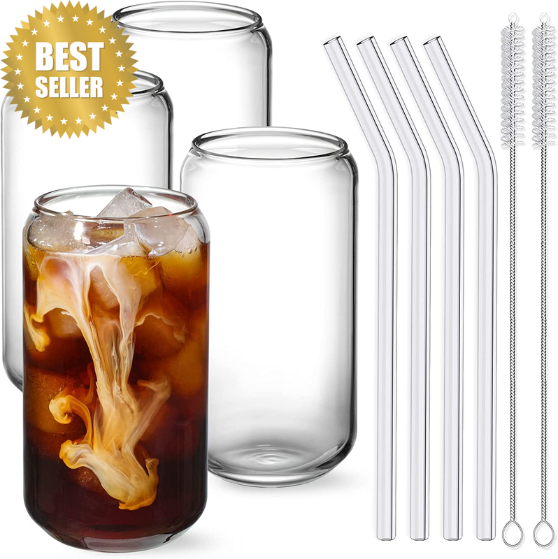NETANY Drinking Glasses with Glass Straw 4Pcs Set - 16Oz Can Shaped Glass Cups f