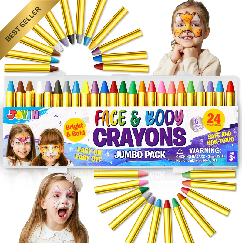 24 Color Face Paint Crayons Non-Toxic Large Size 6 Metallic Party Pack