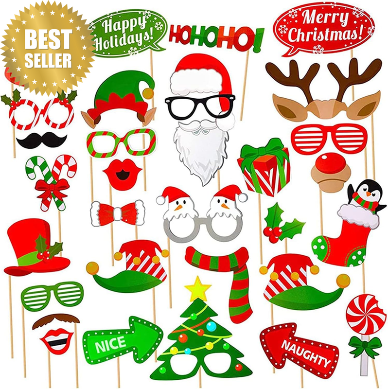 Christmas Photo Booth Props Kit(32Pcs) DIY Photo Booth Prop Pose Sign Kits for A