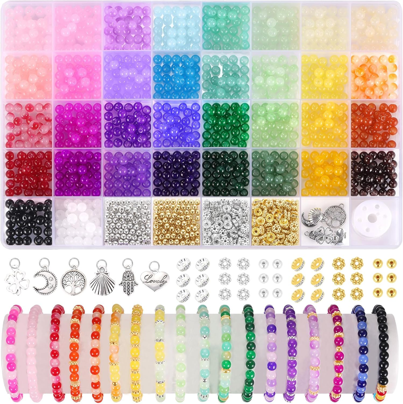 1400 Pcs+ Beads for Bracelets, 34 Colors 6mm Round Glass Beads, Bracelet Making