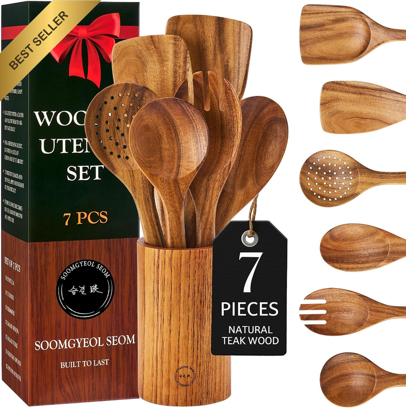 7-Piece Teak Wood Cooking Utensil Set with Holder | Wooden Spoons and Spatulas f
