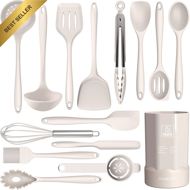 Silicone Cooking Utensils Set 446°F Heat Nonstick Turner Tongs Spatula Khaki