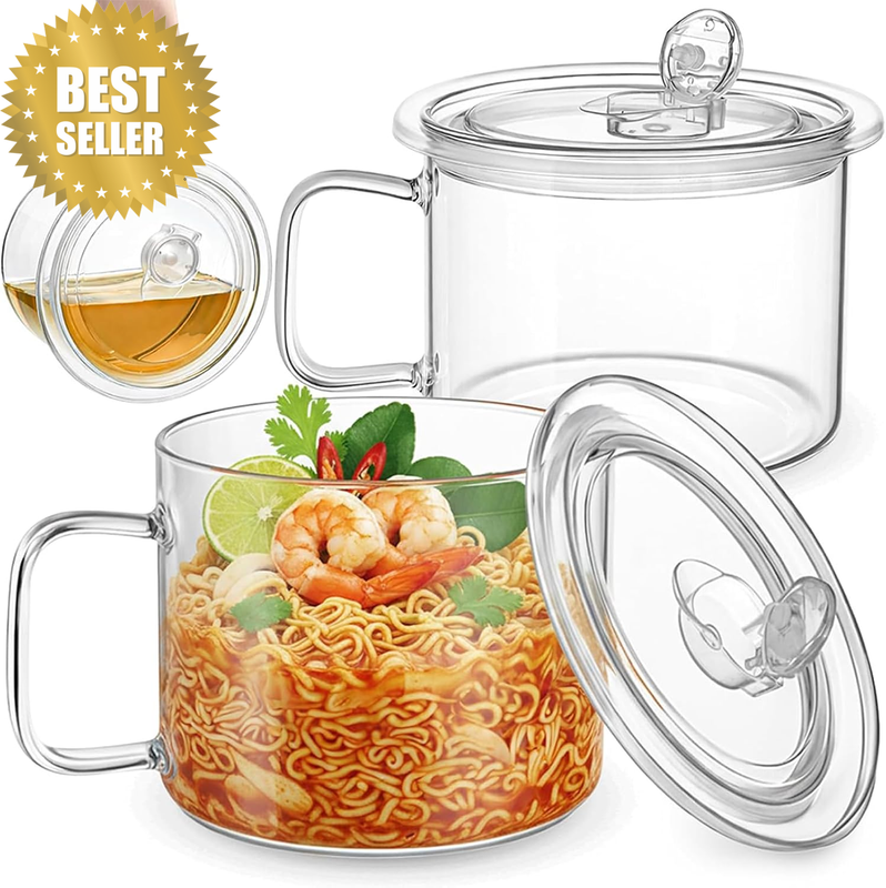 2 Pack Glass Soup Bowl with Handle, Tight Leak Proof Sealed Lid, Large Capacity