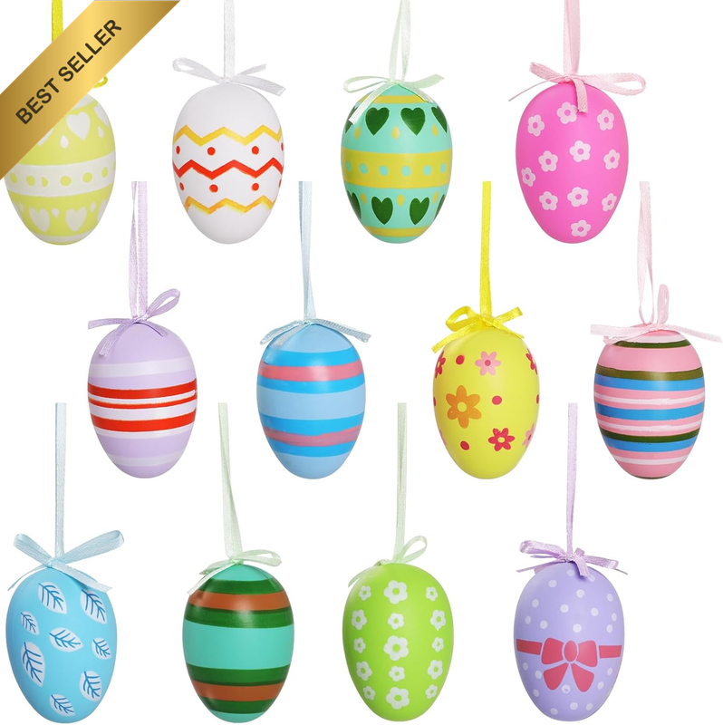12PCS Hanging Easter Egg Set, Plastic Painted Easter Eggs with Ribbon, Multicolo