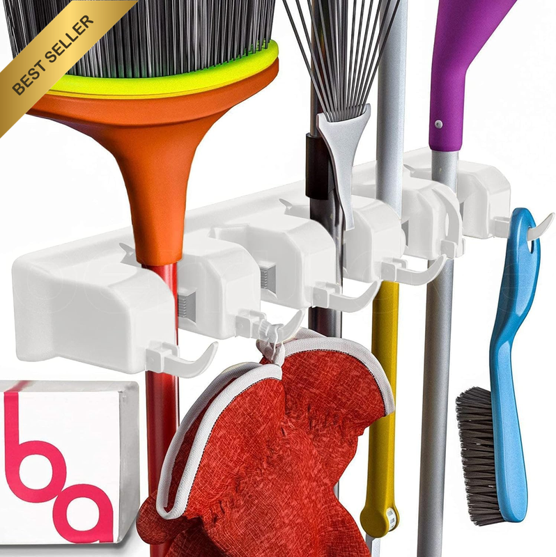 Broom Holder and Garden Tool Organizer Rake or Mop Handles up to 1.25-Inches (Wh
