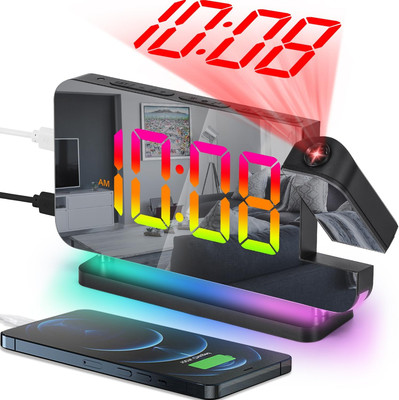 Projection Alarm Clock, 7.4 in Digital Mirror Clocks,With 180° Rotatable Project