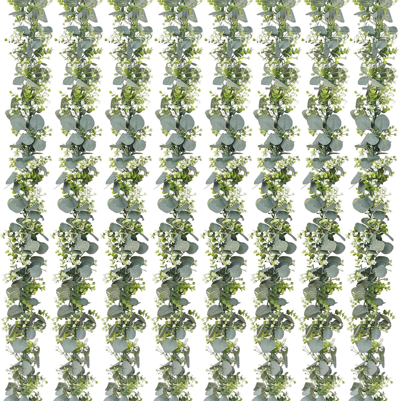 8 Pack Eucalyptus Garland, Faux Plant Artificial Greenery Garland with White Flowers 5.9Ft Eucalyptus Vine Table Centerpiece Decor Fake Vines for Home Mantle Party Wedding Decor Indoor/Outdoor