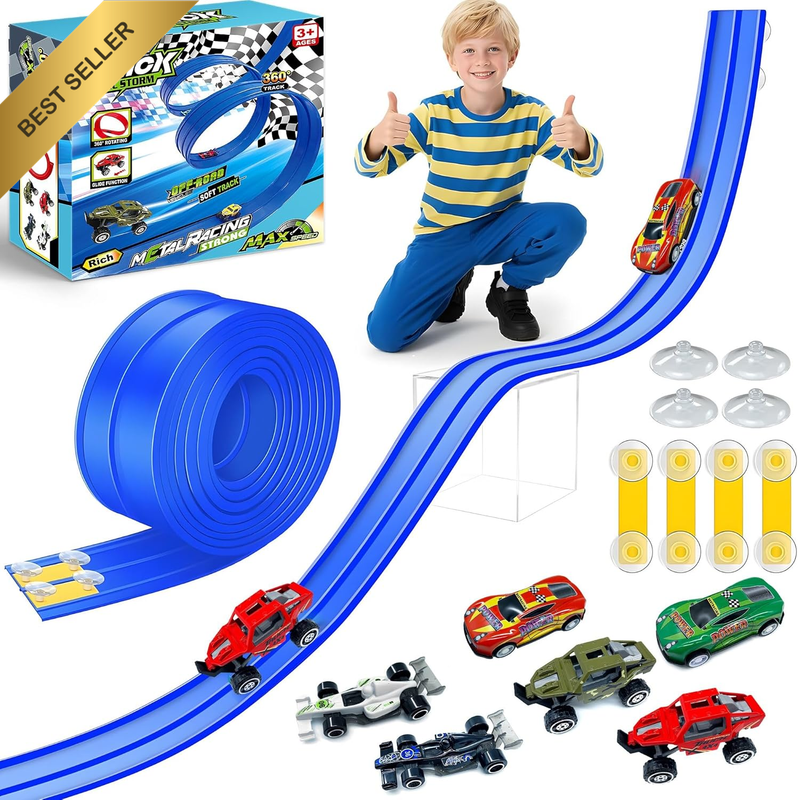 16Ft /500Cm Flex Tracks Car Track Set – Flexible Race Car Ramp Track with 6 Smal