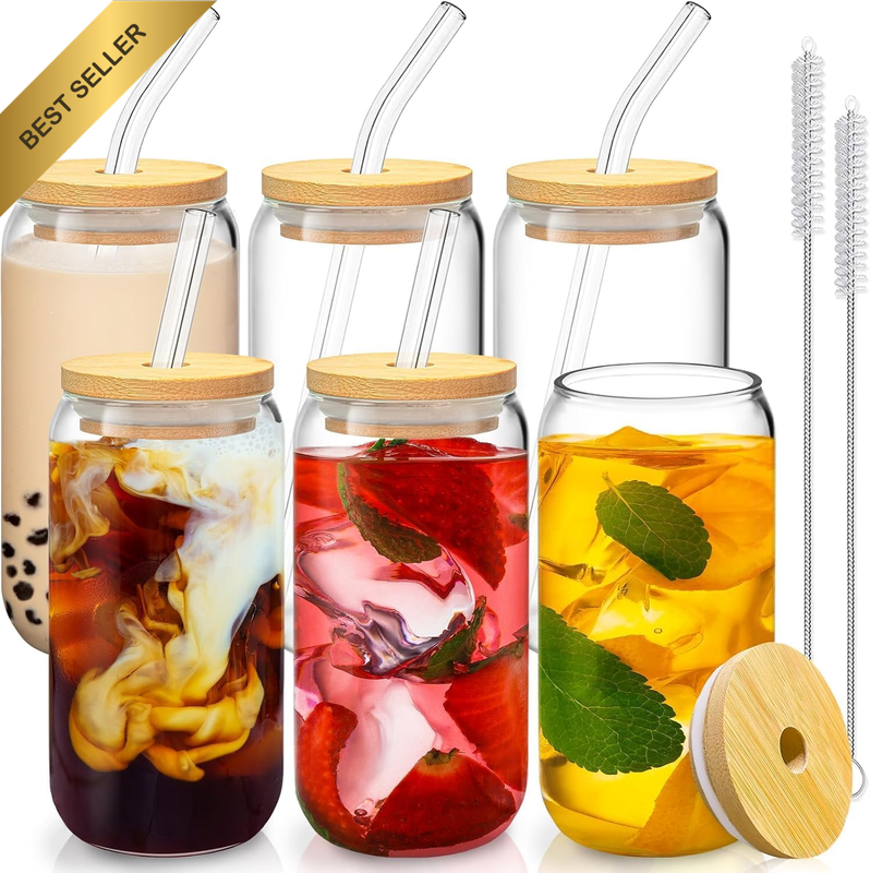 6 Set Glass Cups with Lids and Straws 16 Oz, Glasses Drinking Set, Iced Coffee C