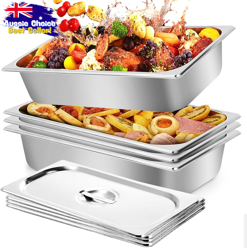 4 Pack Stainless Steel Hotel Pans 1/1 Full Size 4" Deep Catering Trays