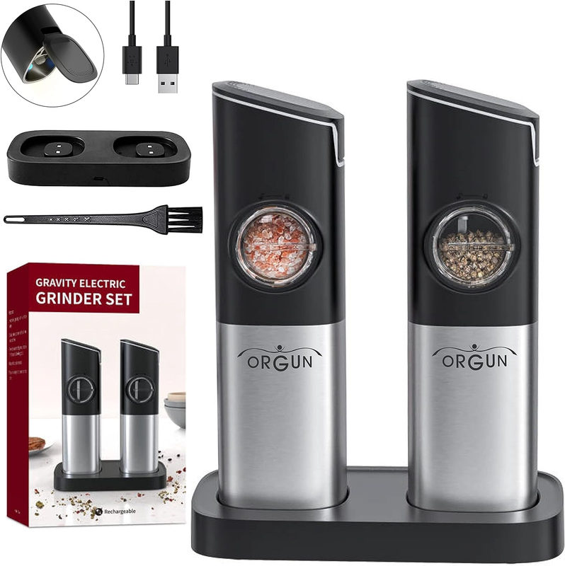 Gravity Rechargeable Electric Salt and Pepper Grinder Set,