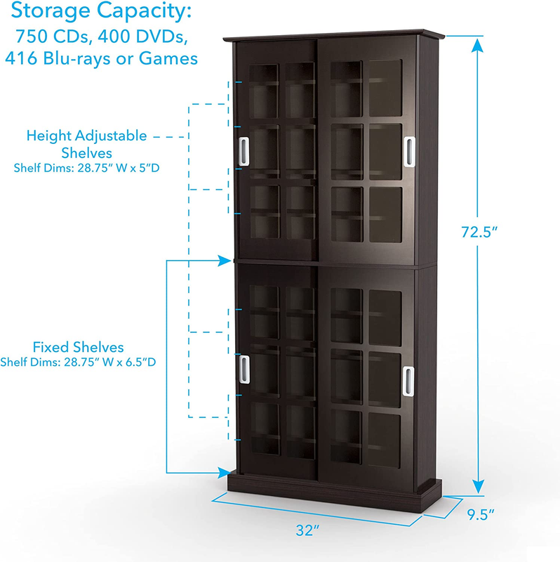 Atlantic Windowpane Media/Storage Cabinet - Tempered Glass Pane Sliding Doors, S