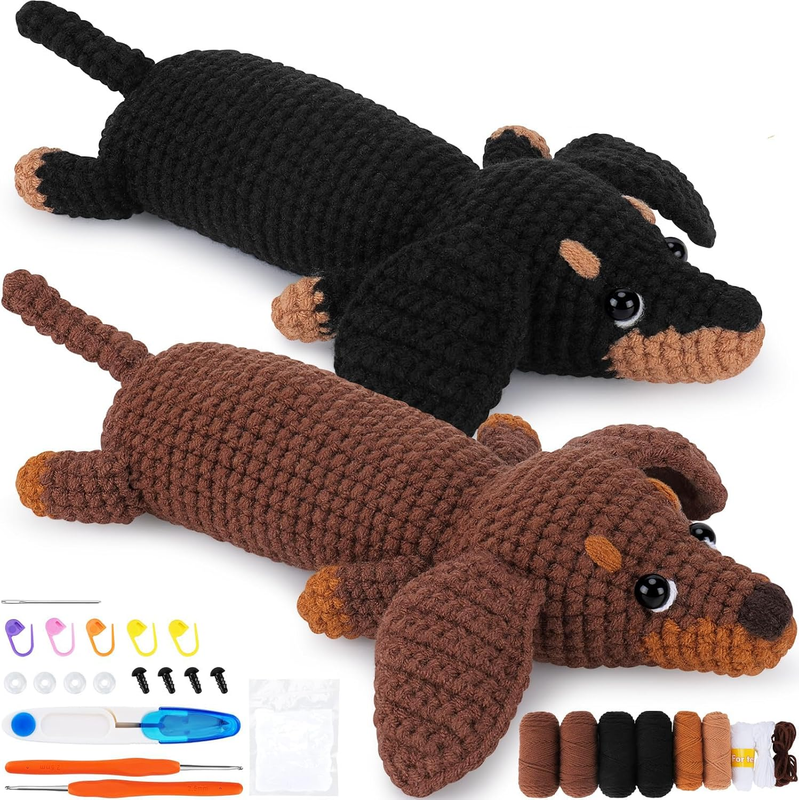Crochet Kit for Beginners - 2 PCS Dachshund Crochet Kits, Beginner Crochet Kit f
