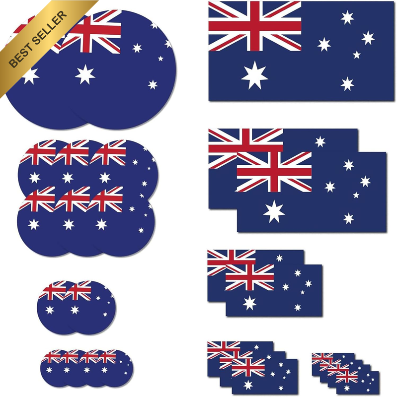 Australia Car Stickers - 26-Pack Australian Flag Decals, round & Square Waterpro