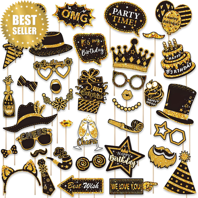 38 PCS Photo Booth Props Party Decorations - Golden Mix of Hats, Lipstick, Tie,