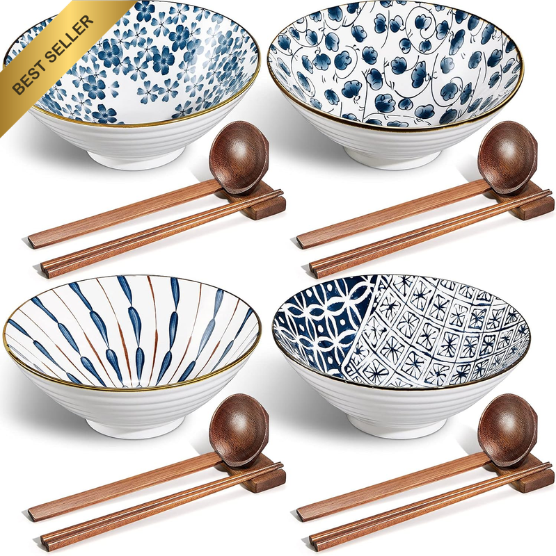 4Pcs Japanese Ramen Bowl Set 40Oz Ceramic with Chopsticks Spoons Stands