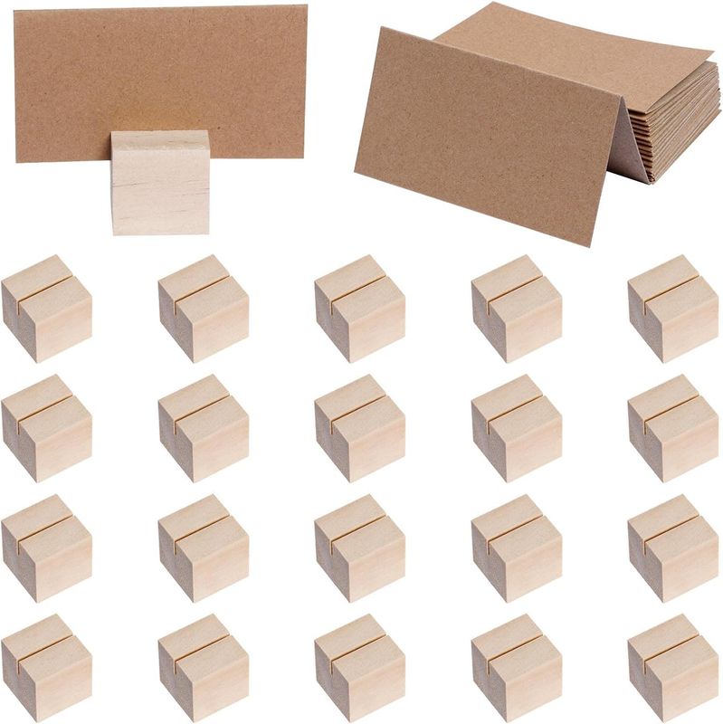 20 Pieces Wood Place Card Holders Table Number Holders Stands Small Table Sign Holders Display Rustic Wooden Card Holder with Brown Paper Cards for Wedding Reception Table Party Decoration