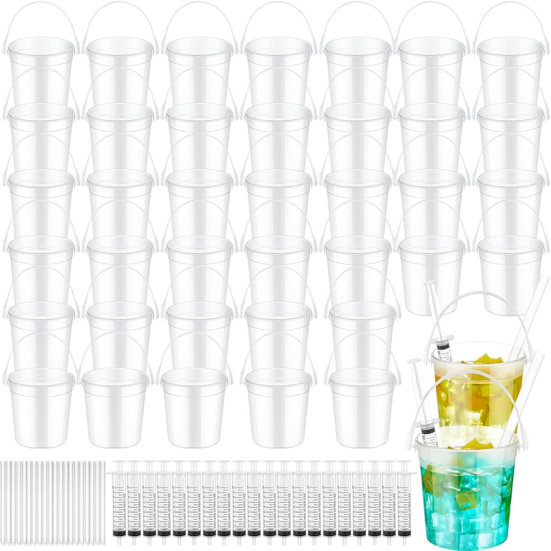 40 Sets 32Oz Clear Plastic Rum Buckets for Drink with Straws Beverage Syringes Drink Buckets for Parties with Handle Reusable Punch Bowls for Rum Wine Beer Cocktail Beverage Party