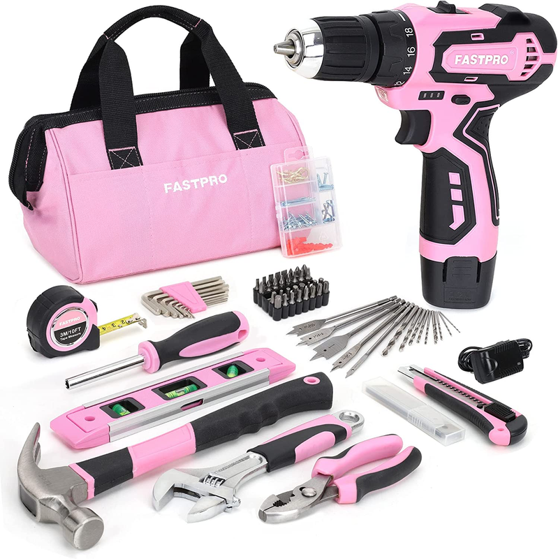 175-Piece 12V Pink Drill Set, Cordless Lithium-Ion Driver and Tool Kit, House Re