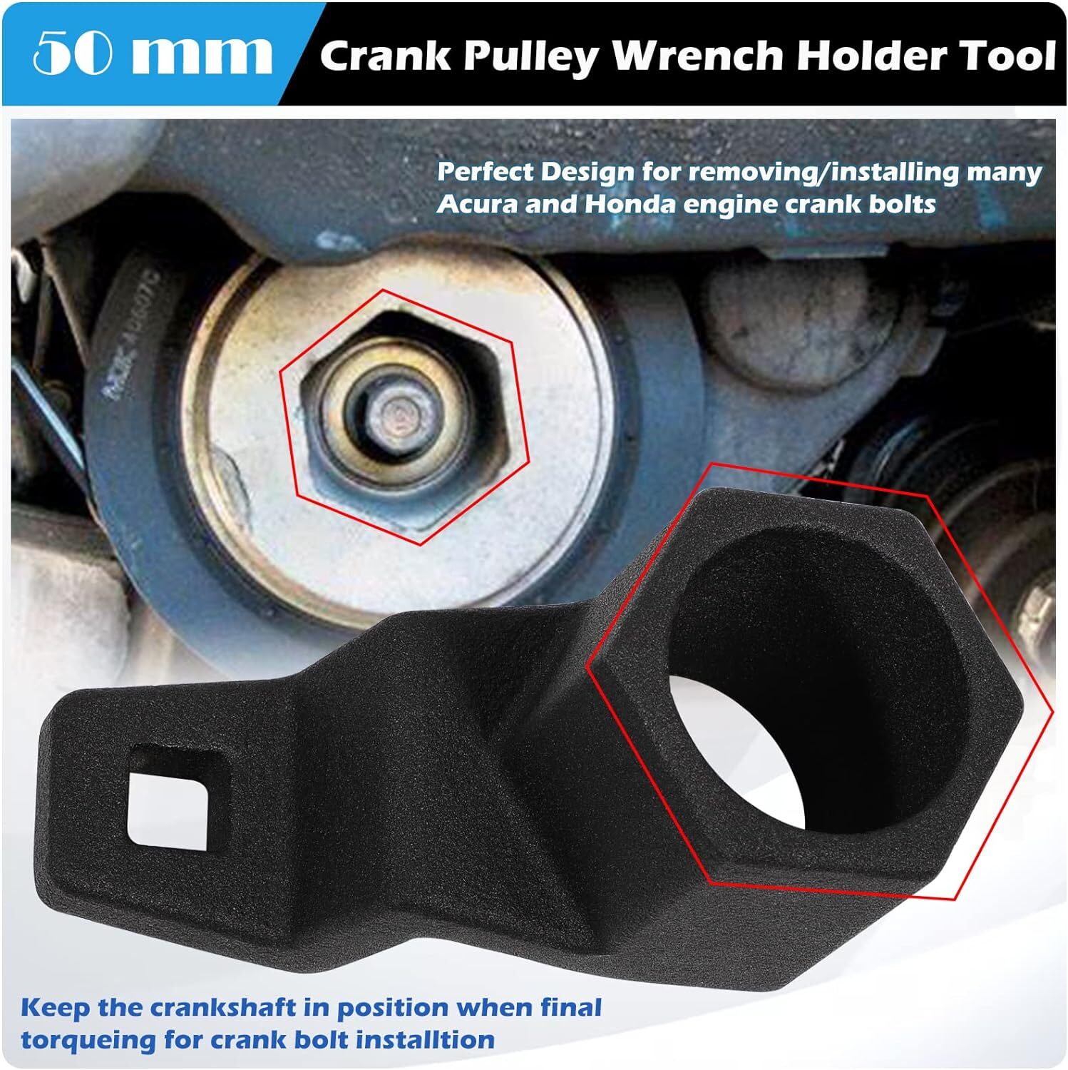 ECCPP 50mm Hex Crankshaft Crank Damper Pulley Wrench Holder Tool Removal Holding Spanner Kit For Honda And For Acura Engines