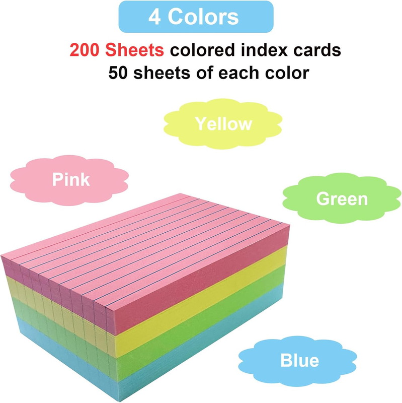 200Ct 3x5 Ruled Colored Index Cards Thick Flash Cards for Scho...