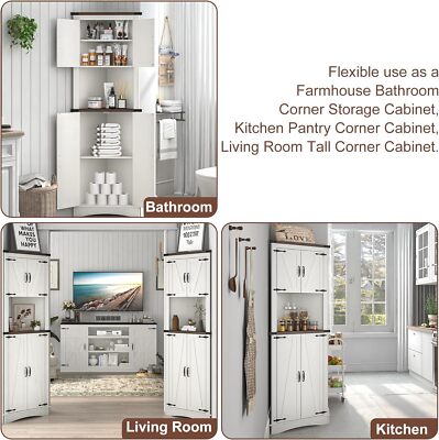 68" Farmhouse Corner Cabinet, 5-Tier Storage Cabinet with Barn Door & Shelves
