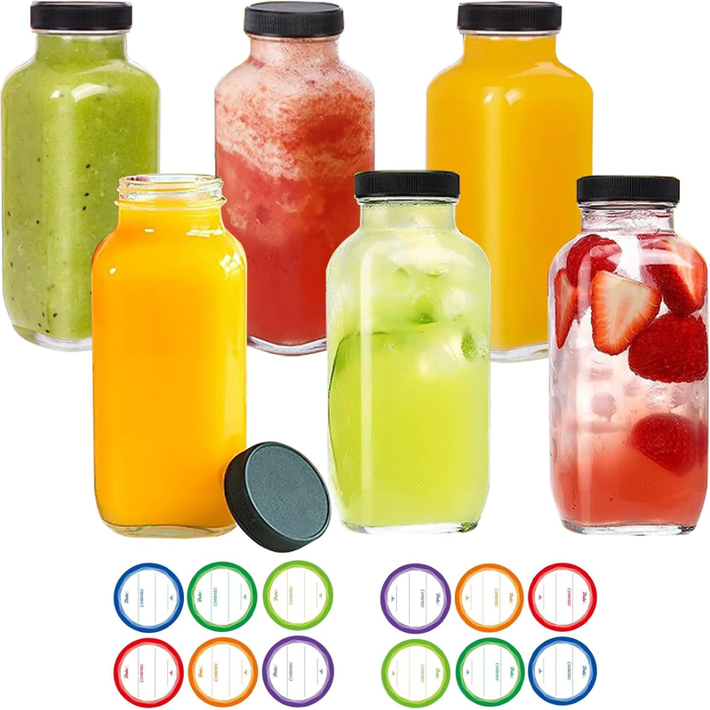 6 Pack Glass Juice Bottles 12Oz, Reusable Glass Water Bottles with 12 Pcs Labels