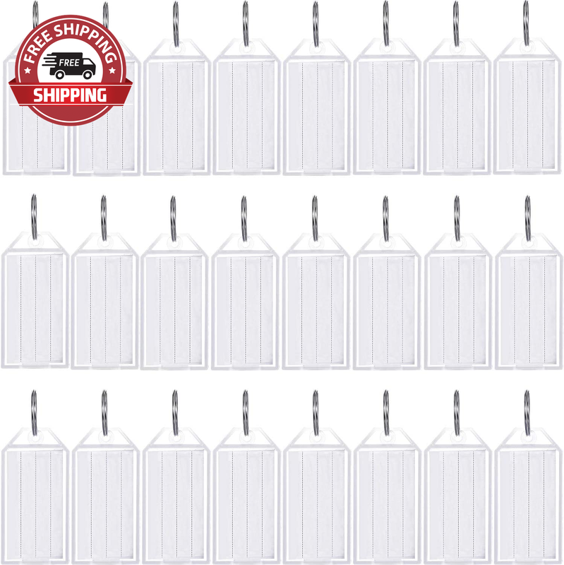 100 Pieces White Tough Plastic Key Tags with Split Ring Label Window Id Luggage