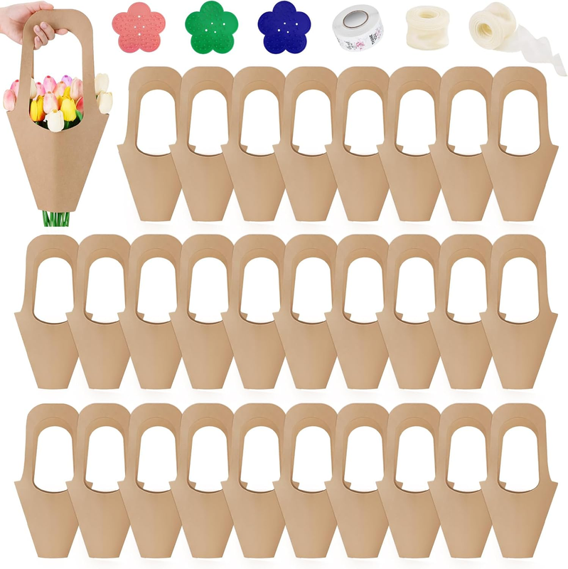 25 Pcs Kraft Paper Flowers Bouquet Bags with Handles for Wedding Party | Bouquet