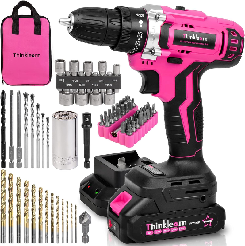 20V Lithium-Ion Power Drill Full Set Pink Cordless 67Pcs Driver Bits, 3/8"Keyles