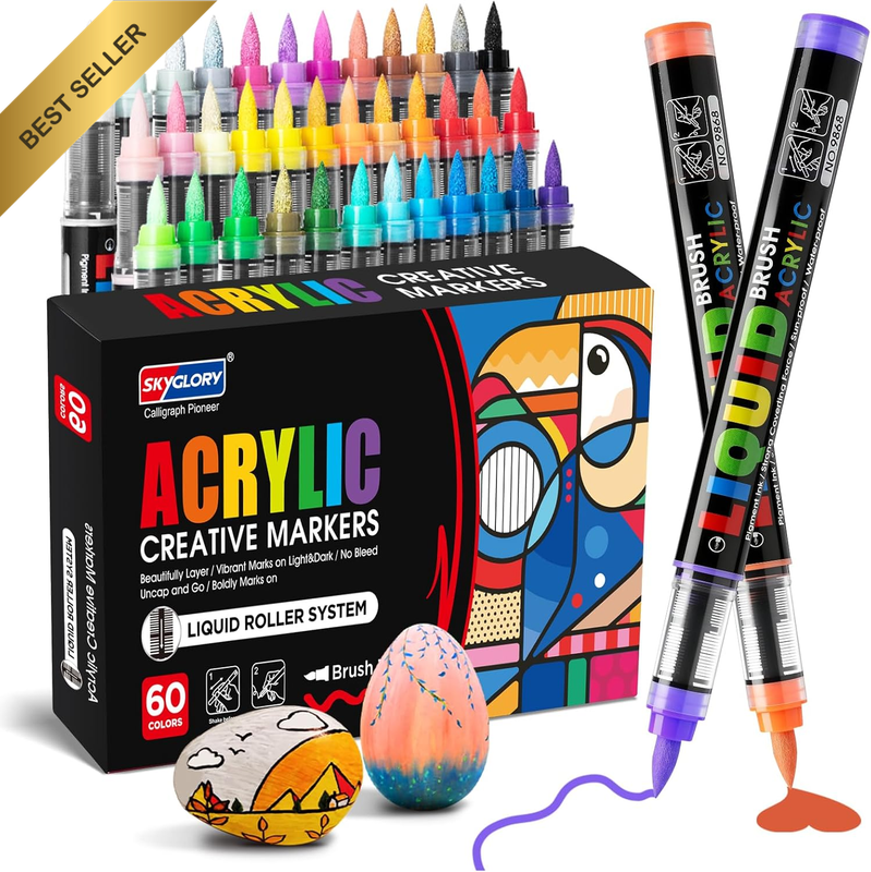 Acrylic Markers 60 Colours, Brush Tip Multi-Surface Art Pens | Blendable, Non-To