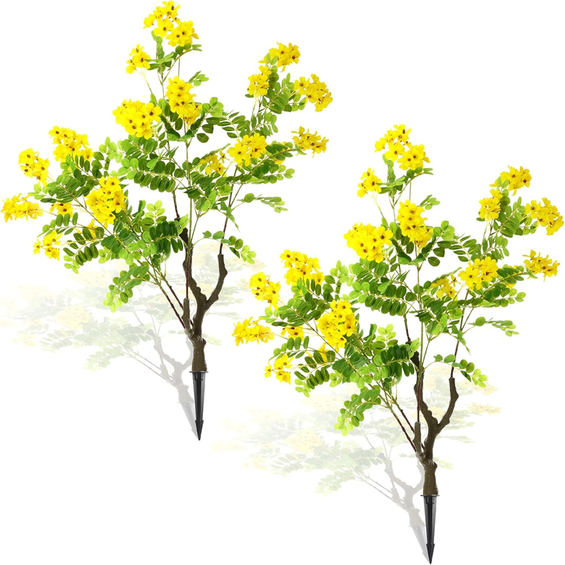2 Pcs 32'' Artificial Flower Tree Faux Outdoor Plants UV Resistance Fake Floral Plant Blooming Tree with Spike Realistic Greenery Plant for Indoor Garden Porch Patio Decor (Light Yellow)