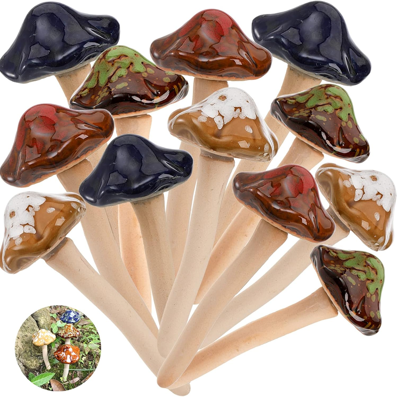 Peohud 12 Pack Ceramic Mushroom Garden Ornaments, Fairy Garden Decorations