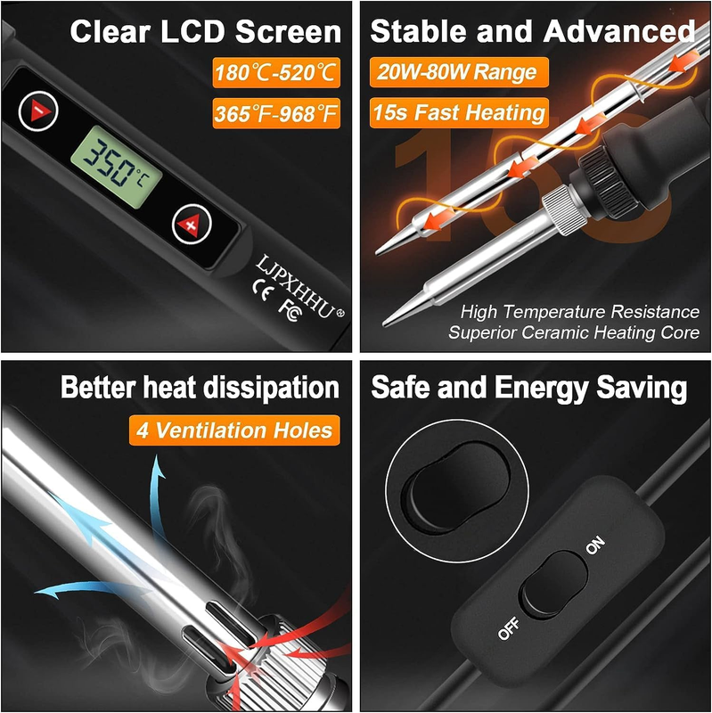 Soldering Iron Kit 80W LCD Adjustable Temperature 180-520℃ Solder Kit Electronic