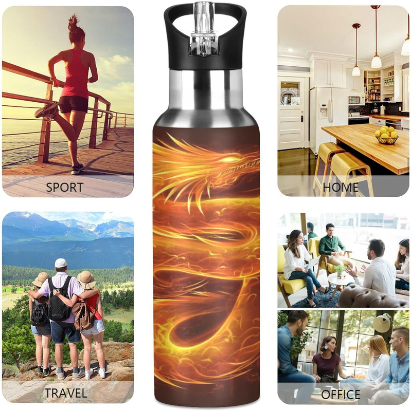Fire Dragon Water Bottle Kids Thermos Bottle with Straw Lid Insulated Stainless