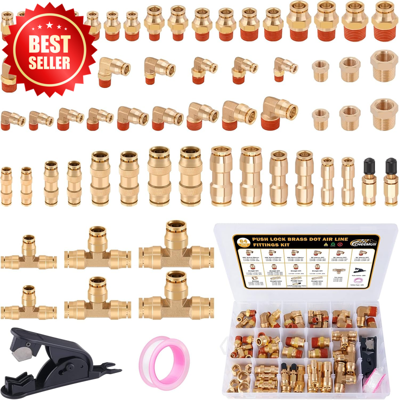 64 Pcs Brass DOT Air Line Fittings Kit Push Lock Quick Connect NPT US