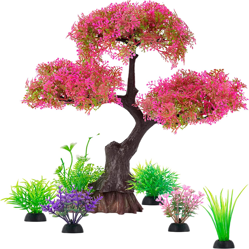 Aquarium Artificial Plastic Plants Decoration, Pink Cherry Blossom Tree & Grass