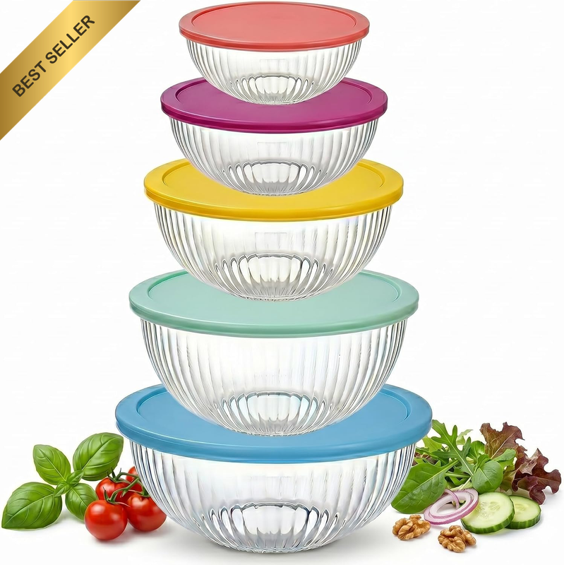 5 Pack Glass Mixing Bowl Set with Lids, Stackable Nesting Bowls