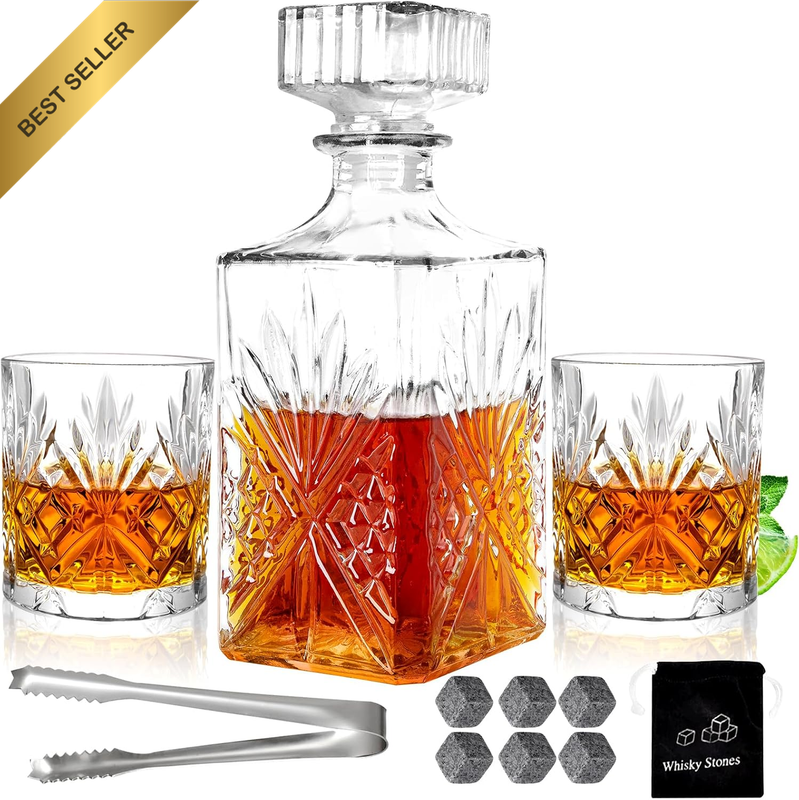 Whiskey Decanter Set for Men 2Pcs Whisky Glasses and 1Pcs Glass Decanter Bottle