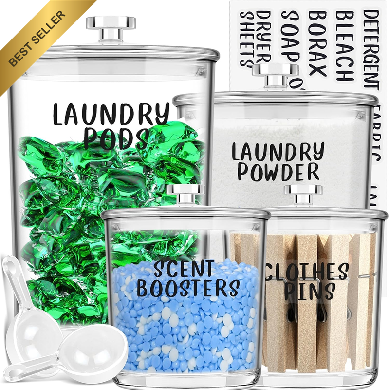 4-Pack Clear Acrylic Laundry Storage Jars with Labels and Scoops Detergent Pods