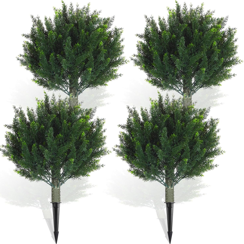 4 Pcs 18 Inch Artificial Cedar Ball Topiary Tree with Ground Spike Fake Evergreen Plants Bush, UV Resistance Faux Shrubs with Spike for Indoor Outdoor Garden Yard Porch Patio Decor