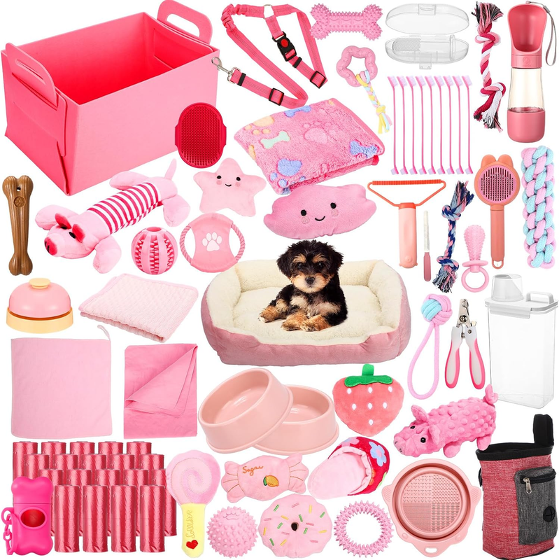 Puppy Starter Kit 75 Pcs New Puppy Essentials Supplies Small Dogs Gift Set Pink