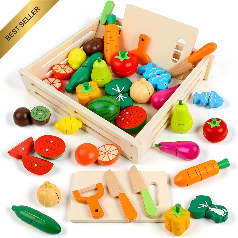 32 Pcs Wooden Play Food Sets for Kids Kitchen Accessories, Montessori Educationa