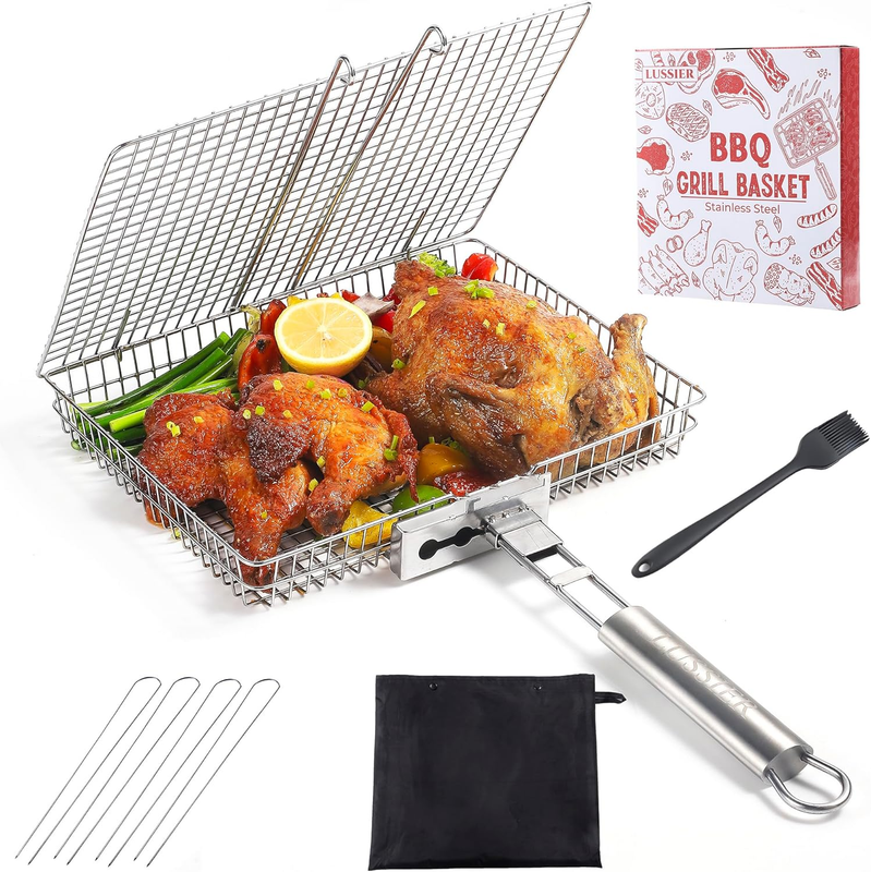 Grilling Basket for Outdoor Grill–Large Foldable Stainless Steel Barbeque Basket