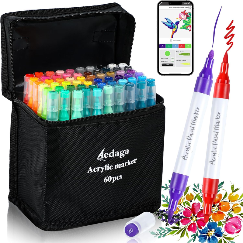 60 Colors Acrylic Paint Pens with Free App, Dual Tip Acrylic Paint Markers with