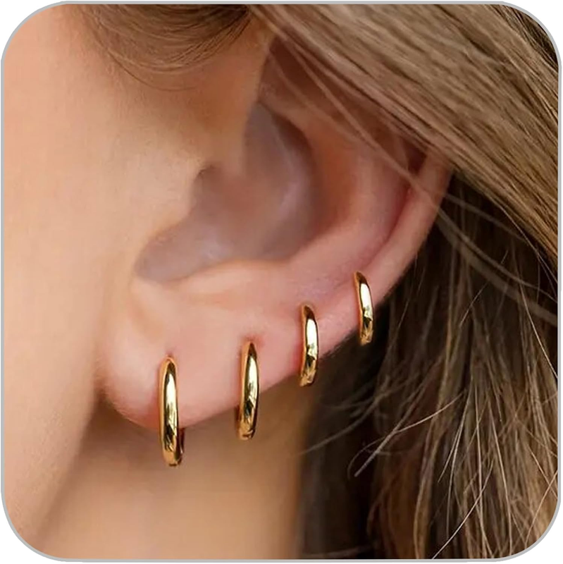 Hypoallergenic 14K Gold Plated Small Hoop Earrings Set for Women & Men - Dainty Stackable Cartilage Earrings for Multiple Piercing, Surgical Stainless Steel Lightweight Huggie Hoops for Sensitive Ears Trendy Jewelry Gift 6/7/8/9/10/12Mm (Gold/Silver/Black)