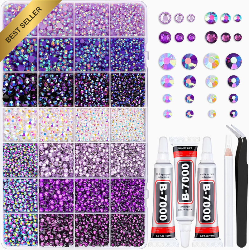 20000Pcs Purple Rhinestones for Bedazzling with 3Pcs B7000 Jewelry Glue, Resin R