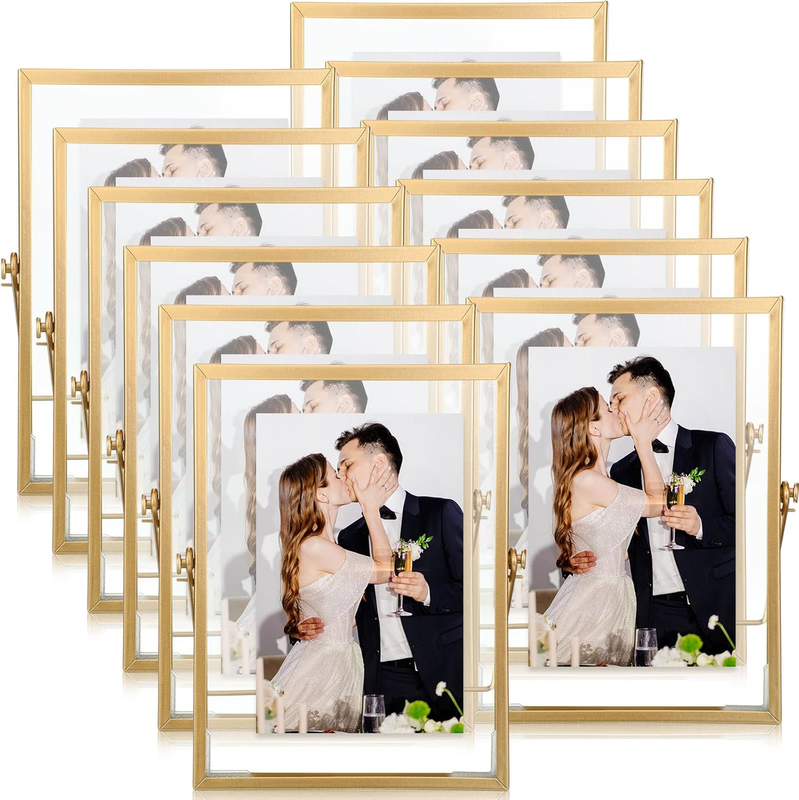 12 Pack 4 X 6 Inches Floating Frame Glass Photo Frame Collection Vintage Metal Minimal Ornate Easel for Pictures Photos Desk Tabletop Display(Gold)