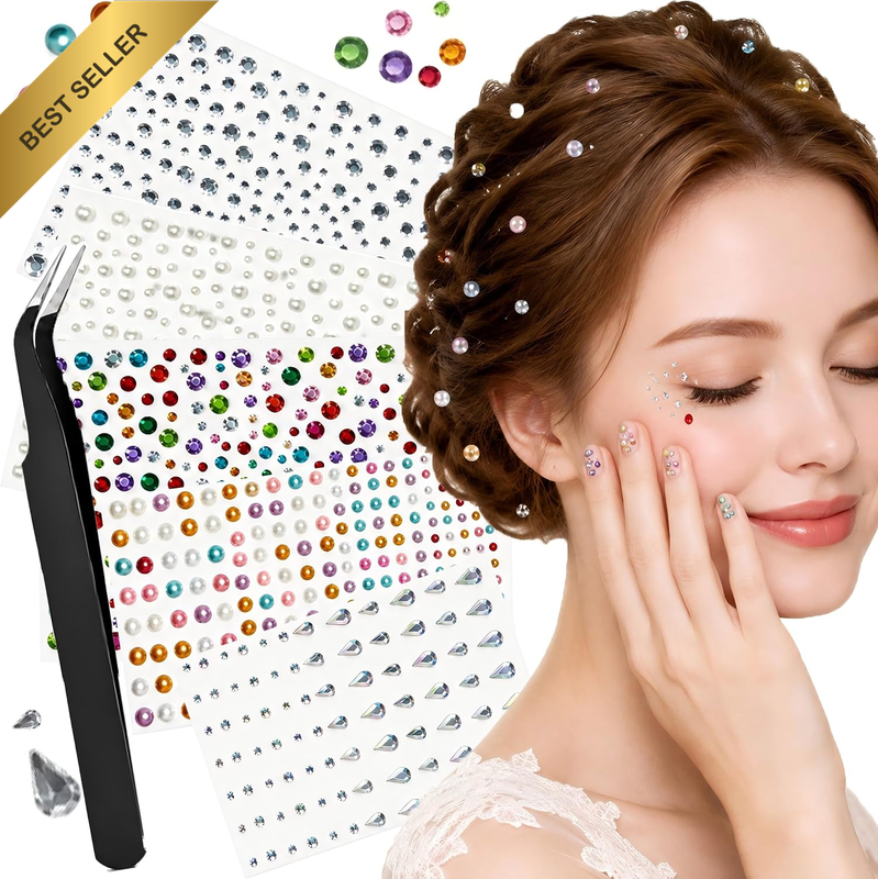 5 Sheets Self Adhesive Rhinestone and Pearl Stickers with Tweezers, Stick on Fac